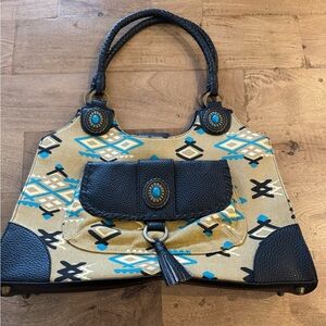 Southwestern print Black Tan with turquoise embellishment braided strap Bag